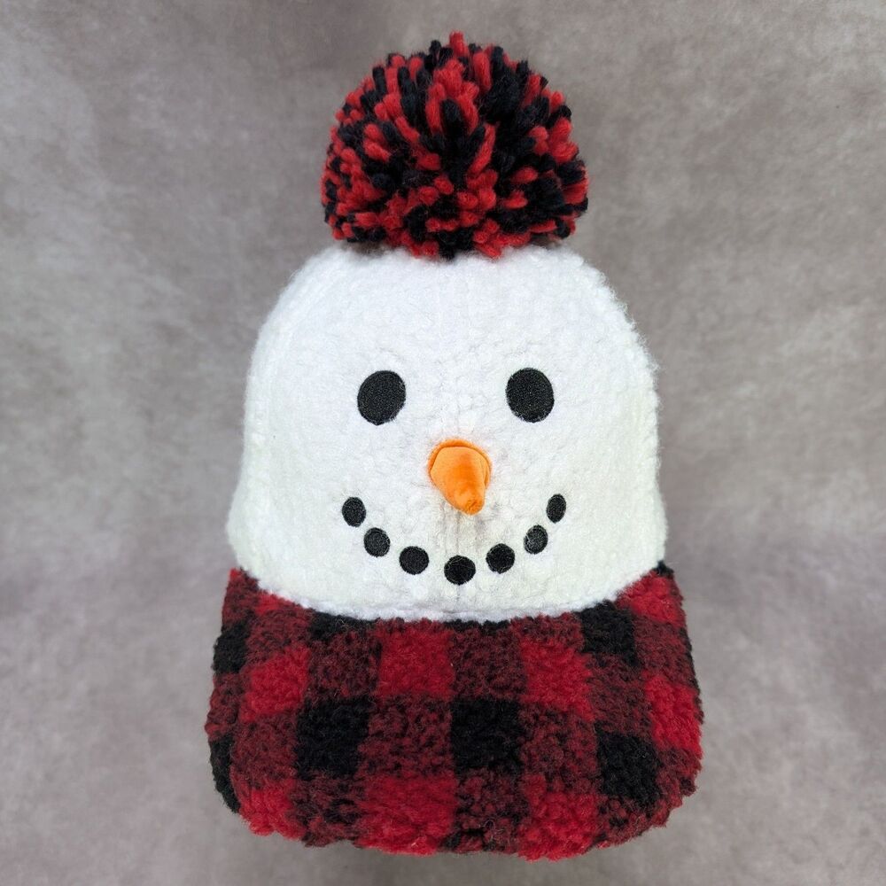 Holiday Time Snowman Sherpa Baseball Cap Red Black Plaid Plaid Brim Pom Hat